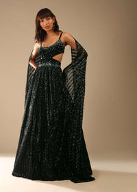 Dark Green Gown Embellished In Sequins With A Velvet Bodice Adorned In Hand Embroidery And Cape On The Shoulder Online - Kalki Fashion