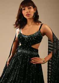 Dark Green Gown Embellished In Sequins With A Velvet Bodice Adorned In Hand Embroidery And Cape On The Shoulder Online - Kalki Fashion