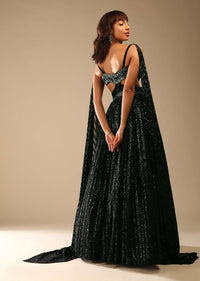 Dark Green Gown Embellished In Sequins With A Velvet Bodice Adorned In Hand Embroidery And Cape On The Shoulder Online - Kalki Fashion