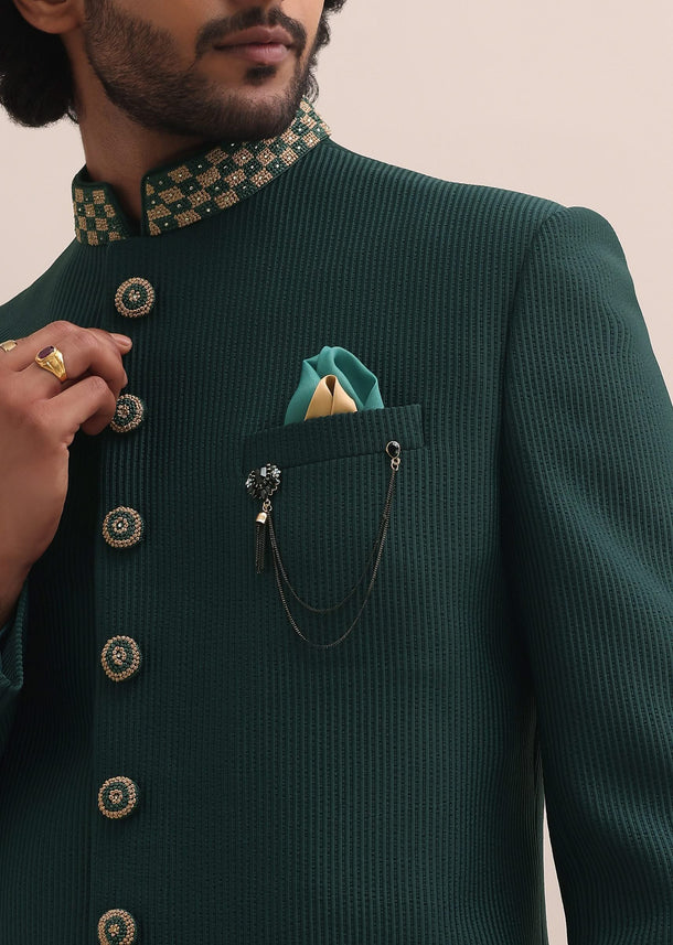Dark Green Moti Embroidered Sherwani For Men