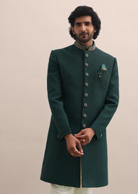 Dark Green Moti Embroidered Sherwani For Men
