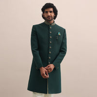 Dark Green Moti Embroidered Sherwani For Men