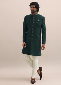 Dark Green Moti Embroidered Sherwani For Men