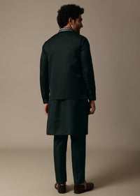 Dark Green Resham Work Kurta Jacket Set For Men