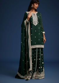 Dark Green Sequin Embellished Kurta Palazzo Set