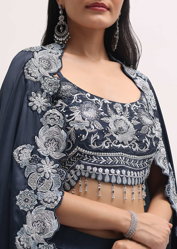 Dark Grey Satin Skirt With Embroidered Choli And Cape