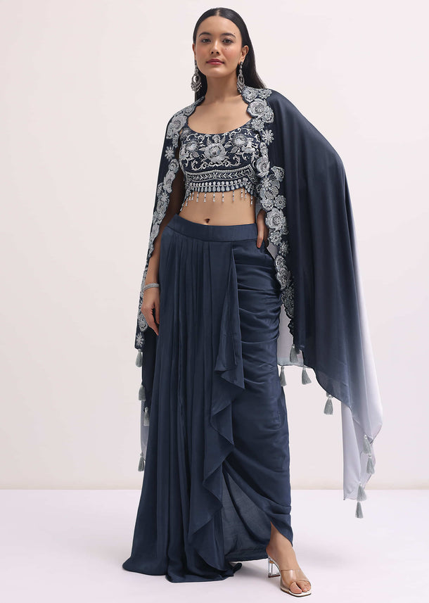 Dark Grey Satin Skirt With Embroidered Choli And Cape