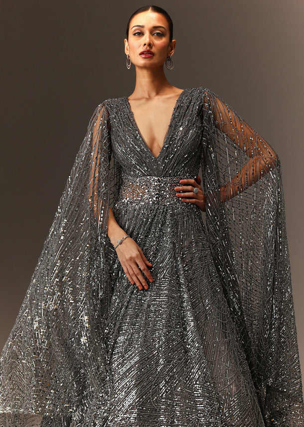 Dark Grey Sequins Gown With Attached Cape Sleeves