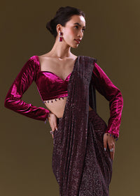 Dark Maroon Pre Stitched Sequined Saree With Sweetheart Neck Blouse
