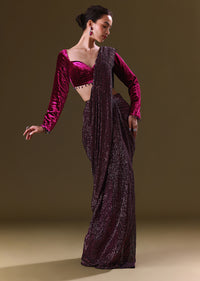 Dark Maroon Pre Stitched Sequined Saree With Sweetheart Neck Blouse