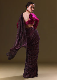 Dark Maroon Pre Stitched Sequined Saree With Sweetheart Neck Blouse