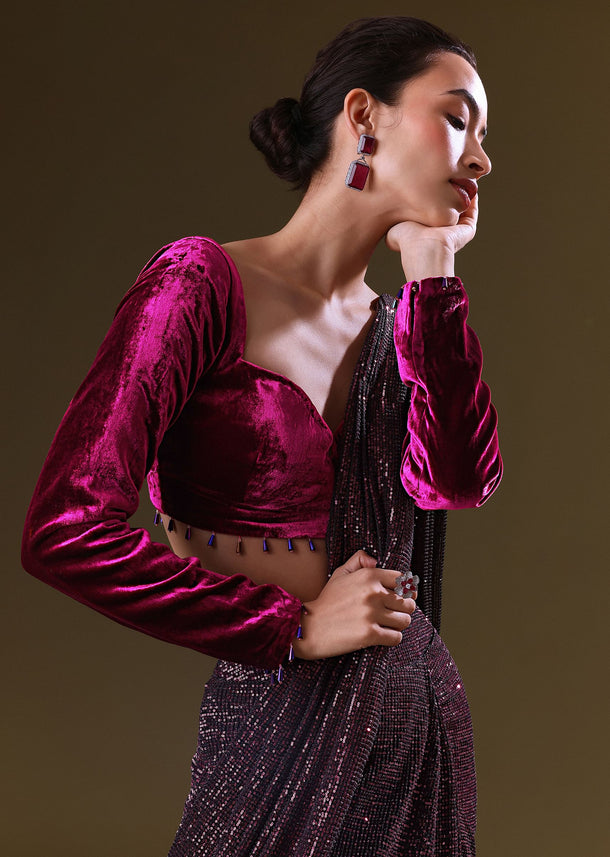 Dark Maroon Pre Stitched Sequined Saree With Sweetheart Neck Blouse
