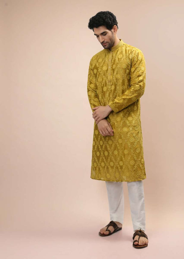 Dark Mustard Kurta Set In Silk With Lucknowi Thread Embroidered Floral Jaal