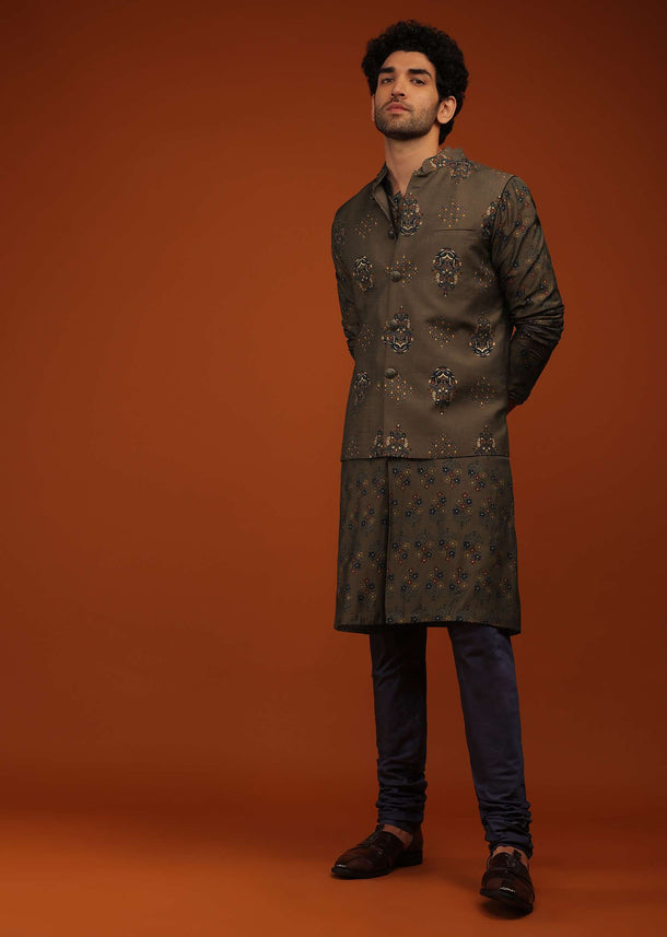 Dark Olive Nehru Jacket And Kurta Set Floral Motifs Print, A Matching Print Kurta In Full Sleeves