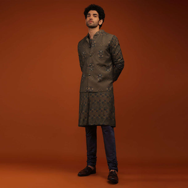 Dark Olive Nehru Jacket And Kurta Set Floral Motifs Print, A Matching Print Kurta In Full Sleeves