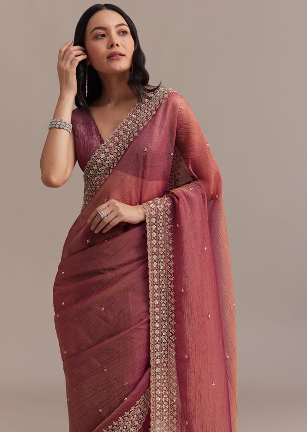 Dark Peach Crushed Tissue Saree With Cutdana And Sequins Border