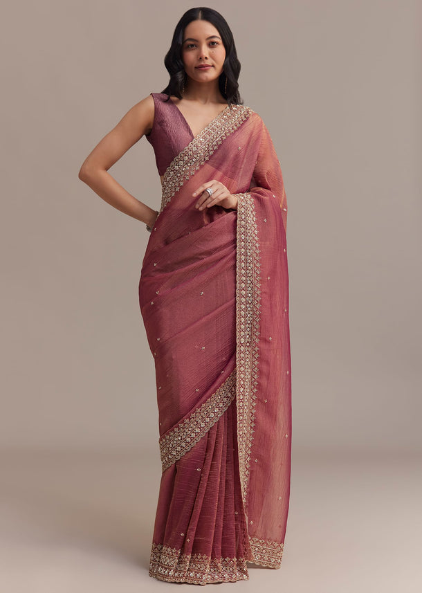 Dark Peach Crushed Tissue Saree With Cutdana And Sequins Border