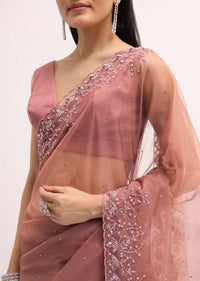 Dark Peach Embroidered Organza Saree With Unstitched Blouse