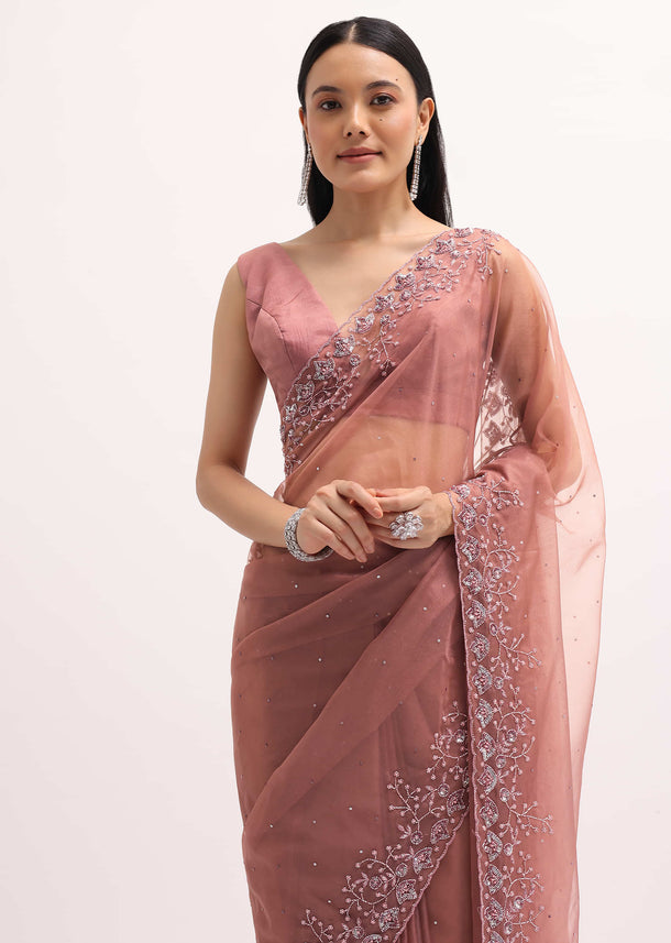 Dark Peach Embroidered Organza Saree With Unstitched Blouse