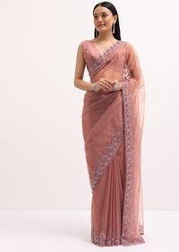 Dark Peach Embroidered Organza Saree With Unstitched Blouse