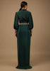 Dark Pine Green High Low Gown With Collar Neckline, Bishop Sleeves And Multicolor Handwork On The Cuffs