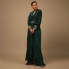 Dark Pine Green High Low Gown With Collar Neckline, Bishop Sleeves And Multicolor Handwork On The Cuffs