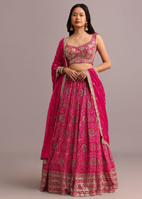 Dark Pink Embroidered Lehenga Choli With Butti Work Organza Dupatta