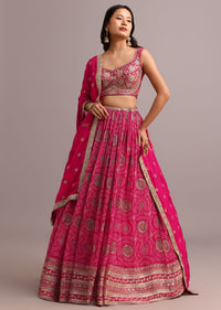 Dark Pink Embroidered Lehenga Choli With Butti Work Organza Dupatta