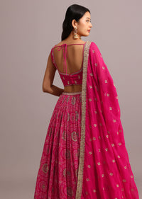 Dark Pink Embroidered Lehenga Choli With Butti Work Organza Dupatta