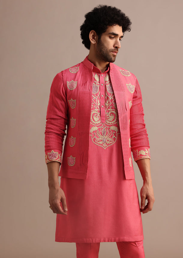 Dark Pink Embroidered Silk Kurta Jacket Set For Men