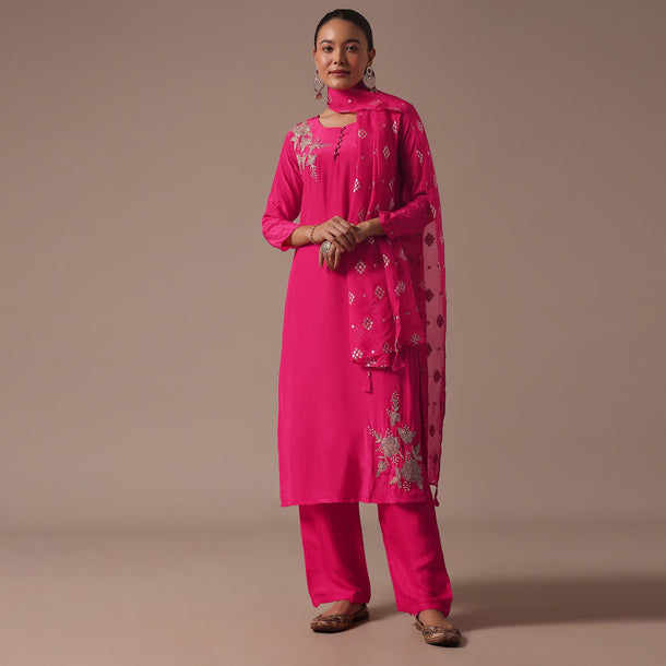 Dark Pink Embroidered Silk Kurta Pant Set