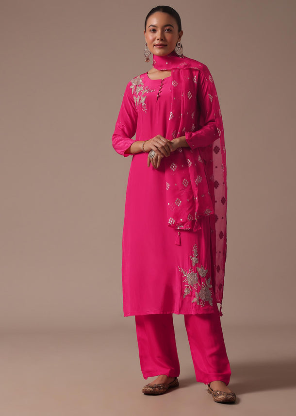 Dark Pink Embroidered Silk Kurta Pant Set