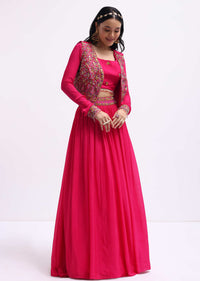 Dark Pink Embroidered Silk Lehenga Choli Set