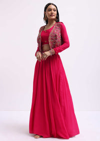 Dark Pink Embroidered Silk Lehenga Choli Set