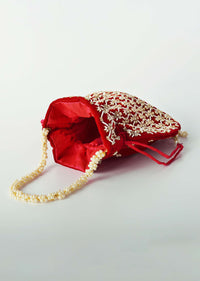Dark Pink Potli Bag In Velvet With Cut Dana And Beads Embroidered Jaal