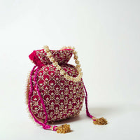 Dark Pink Potli Bag In Velvet With Cut Dana And Beads Embroidered Jaal