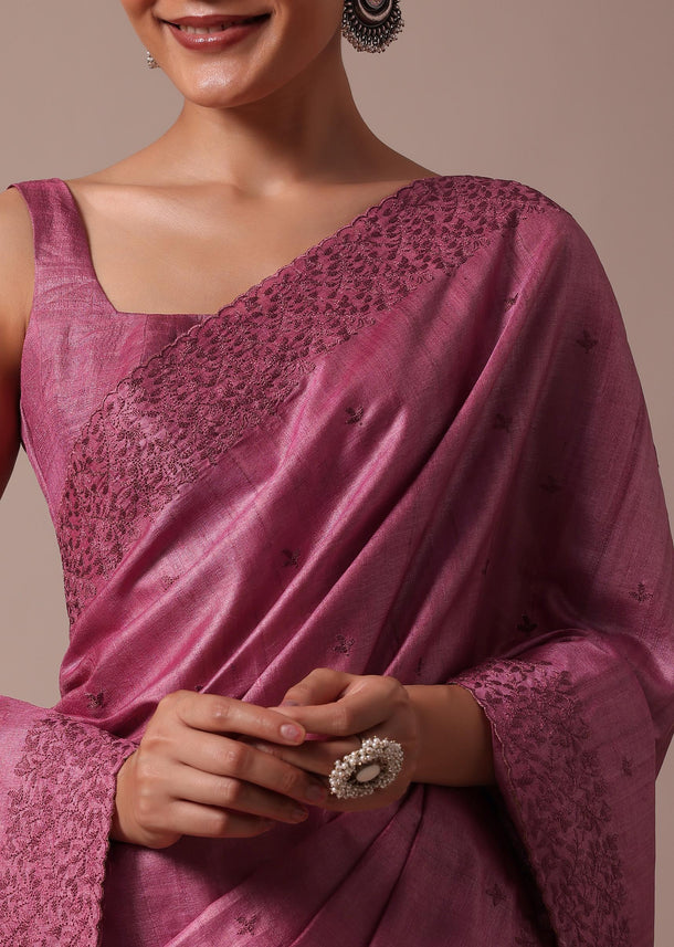 Dark Pink Saree With Resham Work And Unstitched Blouse