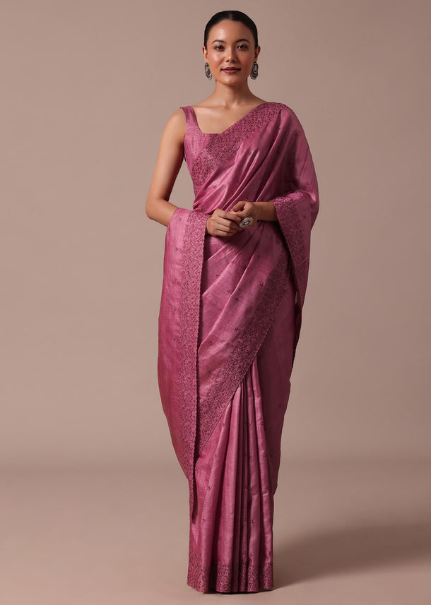 Dark Pink Saree With Resham Work And Unstitched Blouse