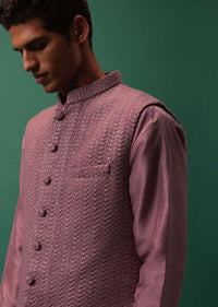 Dark Pink Self Embroidered Bandi Jacket And Kurta Set