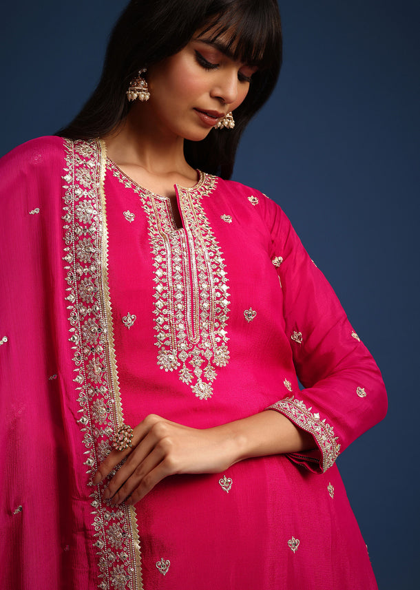 Dark Pink Sequin Embellished Kurta Palazzo Set In Chinon