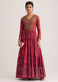Dark Pink Silk Kurta With Indie Print