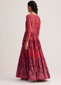 Dark Pink Silk Kurta With Indie Print