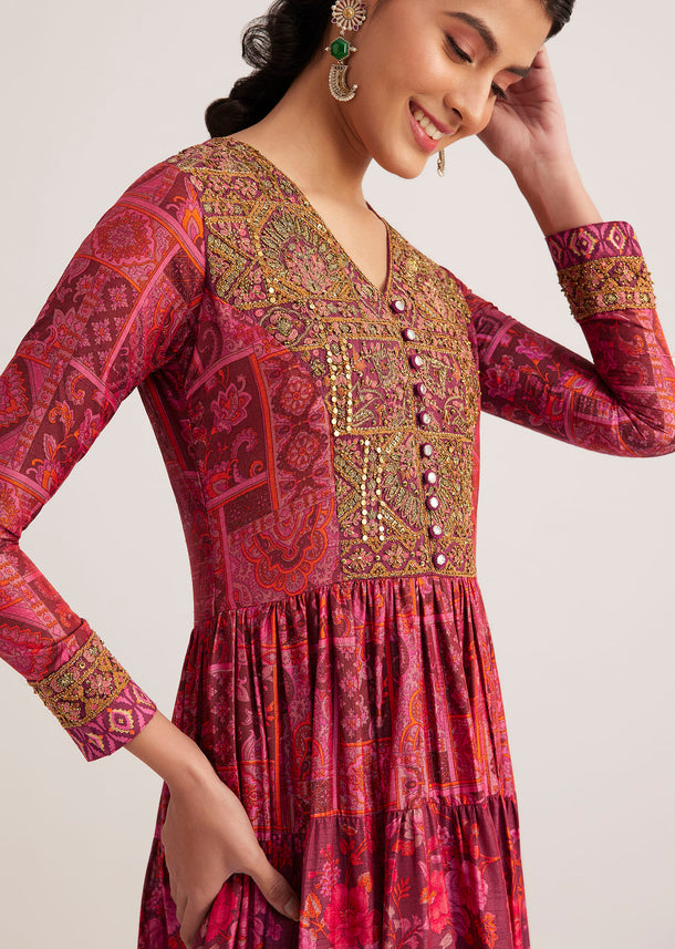 Dark Pink Silk Kurta With Indie Print