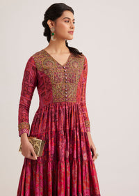 Dark Pink Silk Kurta With Indie Print