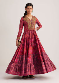 Dark Pink Silk Kurta With Indie Print