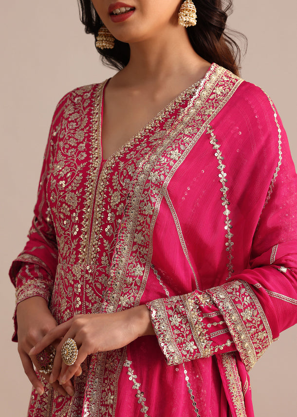 Dark Pink Silk Zari Embroidered Anarkali Suit
