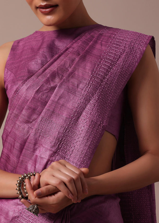 Dark Pink Tussar Saree With Unstitched Blouse