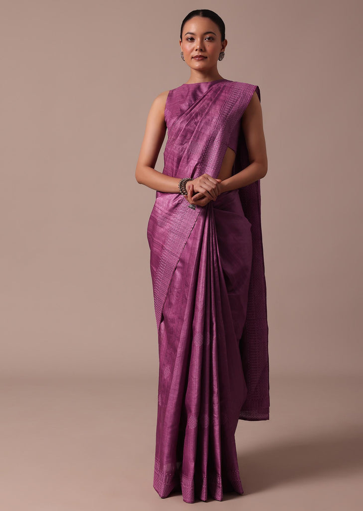 Dark Pink Tussar Saree With Unstitched Blouse