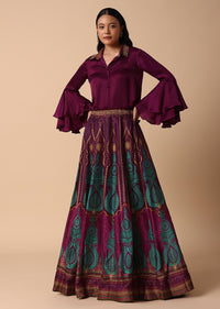 Dark Puple Printed Lehenga With Embroidered Collar