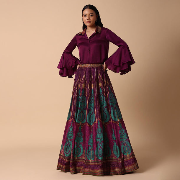 Dark Puple Printed Lehenga With Embroidered Collar